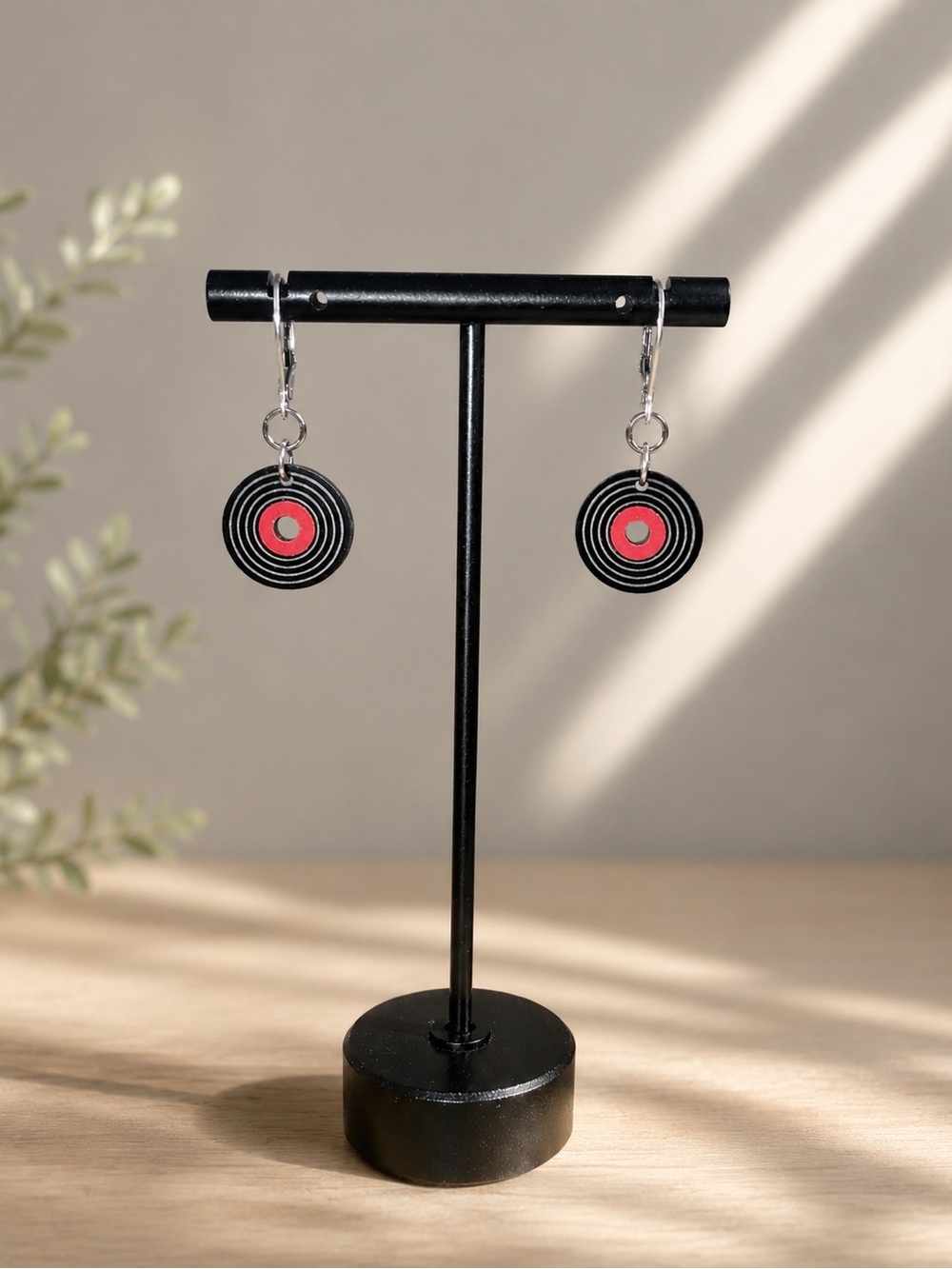 Handmade Black Vinyl Record Dangle Earrings with Red Centers